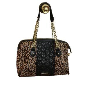 Rare Betsey Johnson Leopard Print Handbag With Quilted Black Panel Chain Straps